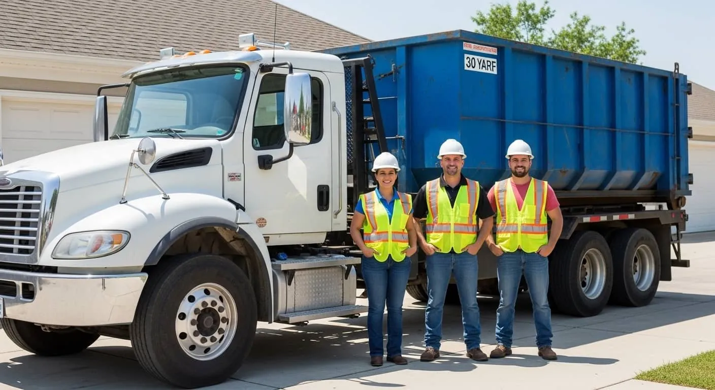 EAD Dumpster Rentals crew with a roll-off truck and blue 30 yard container on a Holland, MI driveway
