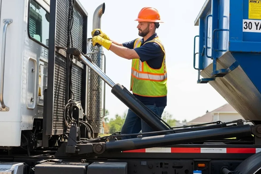 Driver operating the roll-off controls to set a container in Holland, MI